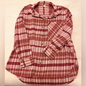 Aerie Burgundy and White Button-Up Flannel Shirt